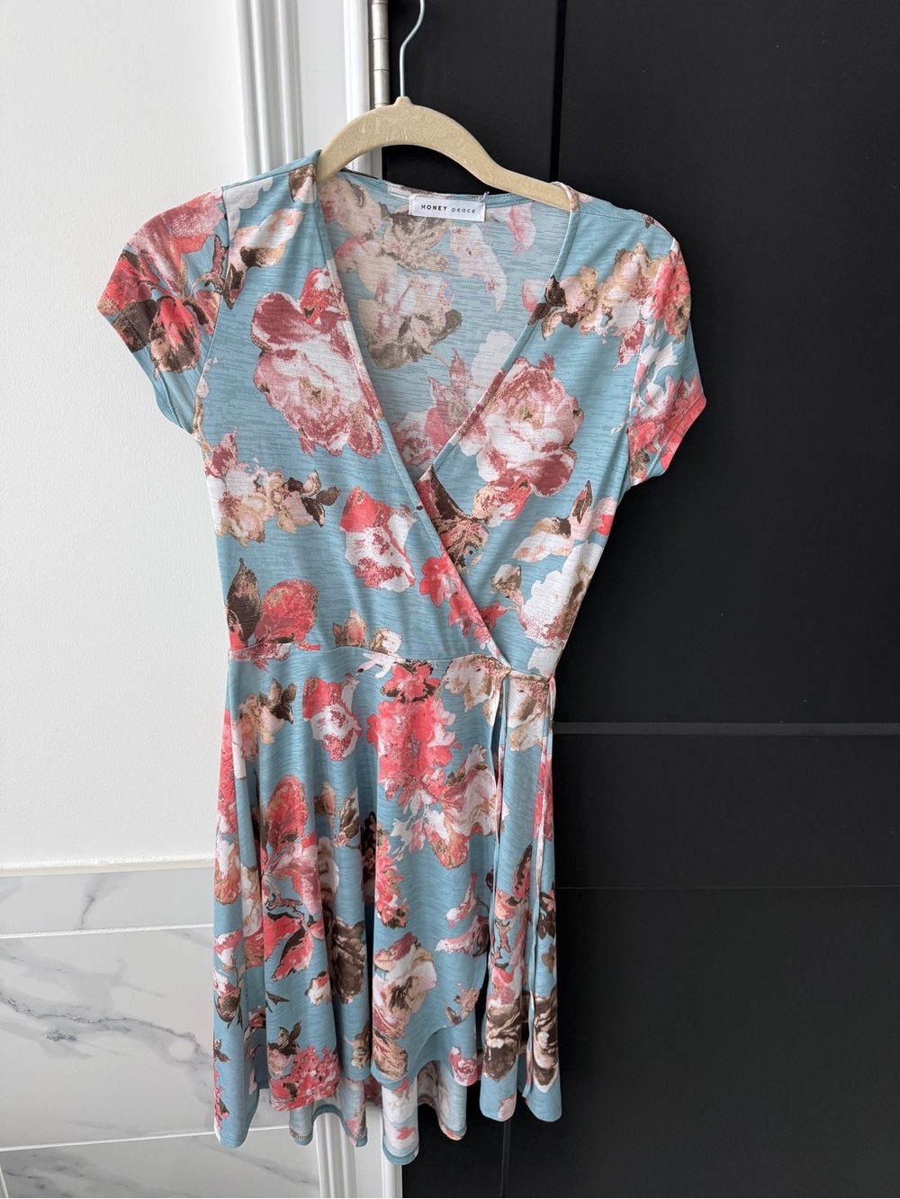 Moment Print Floral Wrap Dress in Light Blue and Coral